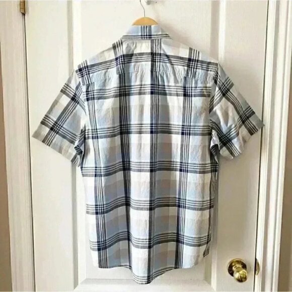 Tommy Hilfiger Mens Shirt Short Sleeve Button Down Cotton Blue Beige Plaid Small - Picture 4 of 15